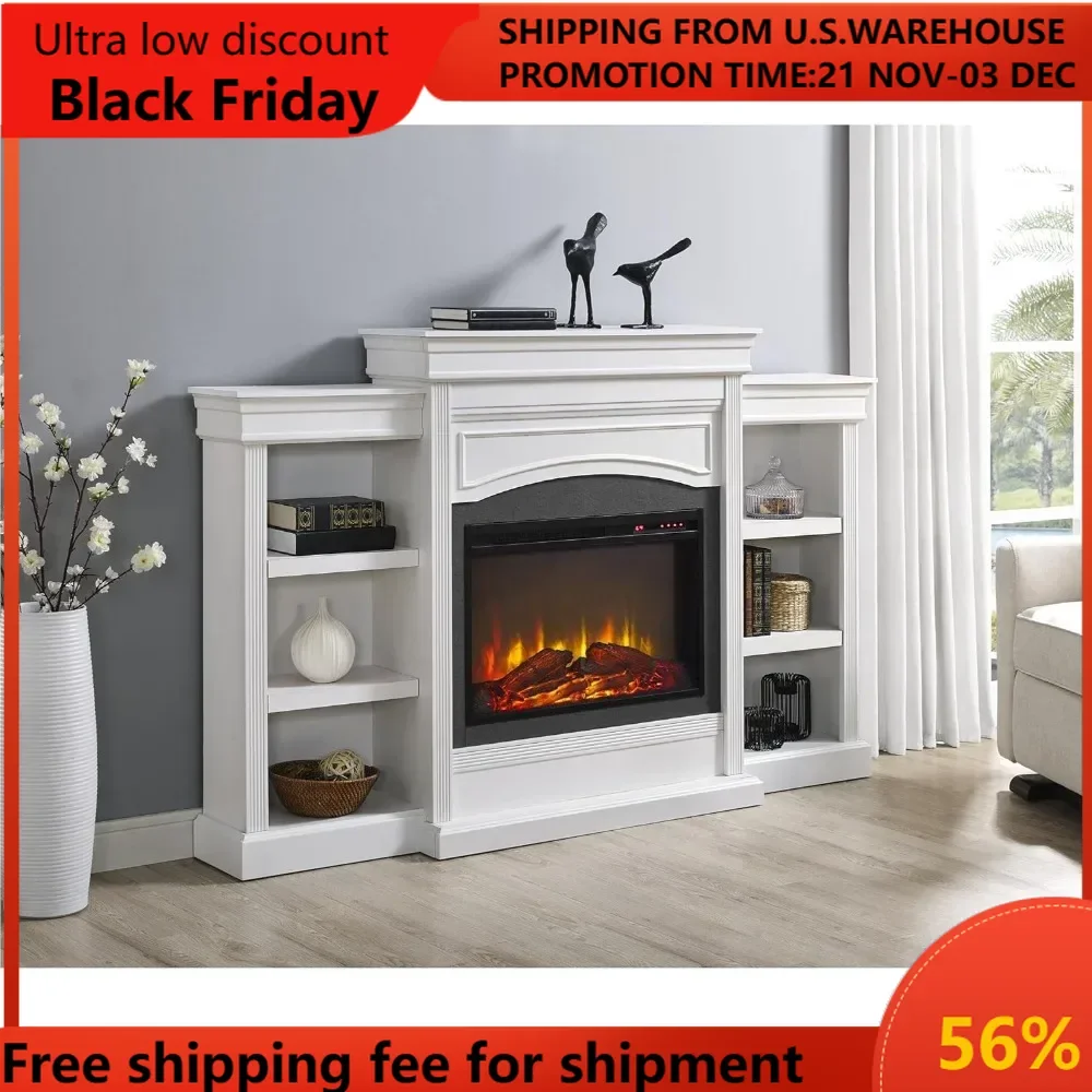 Lamont 69 Inch Electric Fireplace with Mantel, Shelves, Replaceable Fireplace Insert Heater, Remote Control, Time