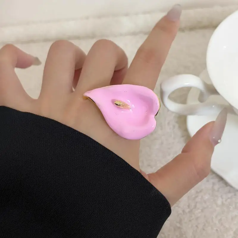 Calla Flower Ring Elegant Adjustable Chic Enamel Metal Open Geometric Design for Girls Daily School Wear