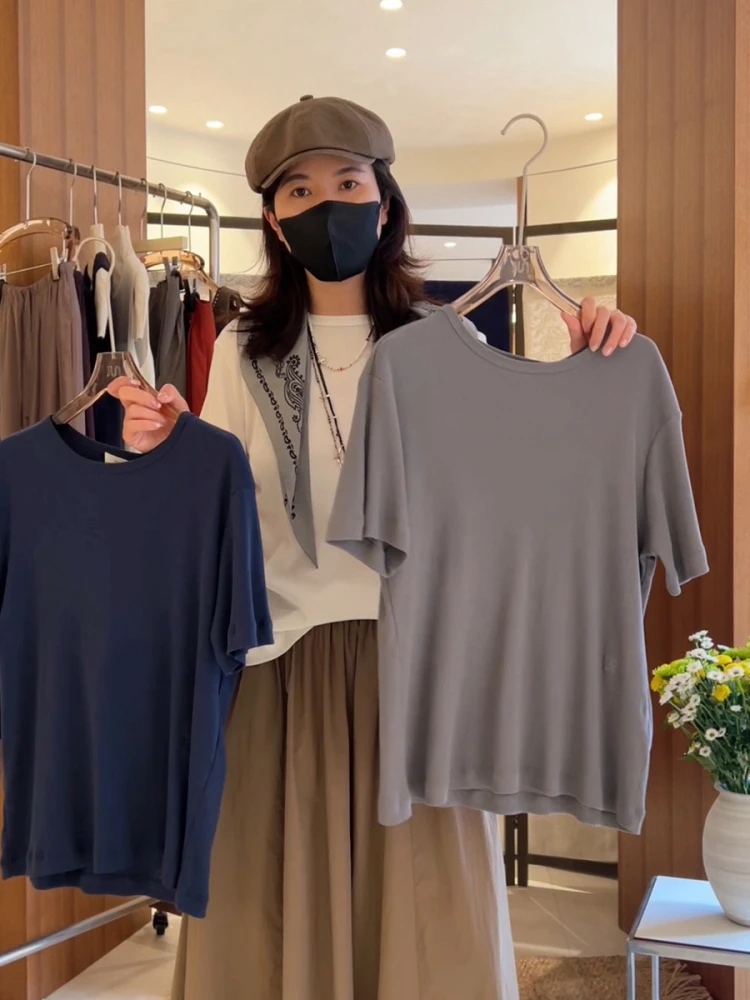 

MIJEONG PARK round Ne Embroidered Logo Cotton Silk Ribbed Loose Casual ort Sve T-irt Women's Faion Summer Top