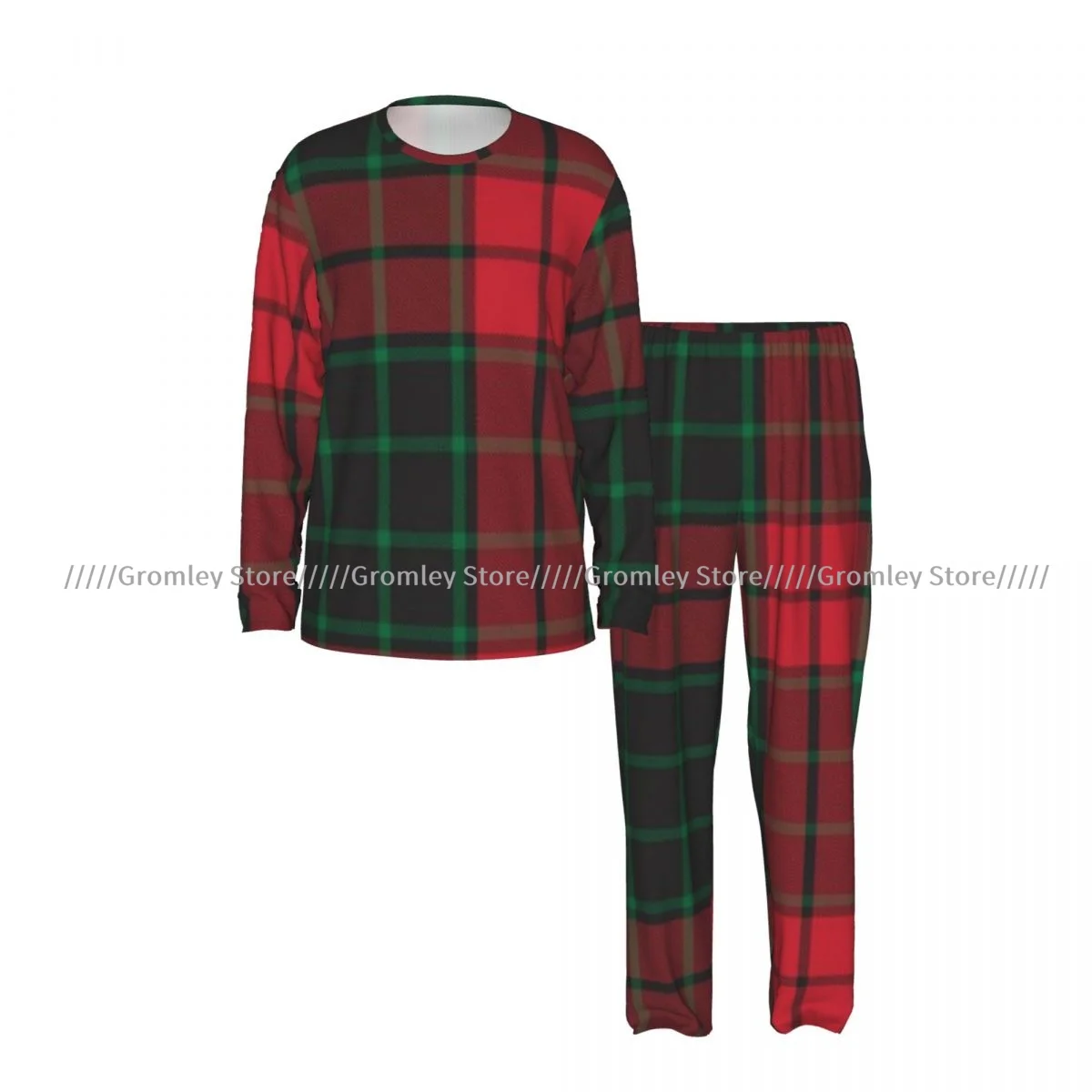 Christmas Plaid Checkered Tartan Graphics Men Pajama Set Long Sleeve T‑Shirt And Long Pants Sleepwear Male Nightwear Home Suit