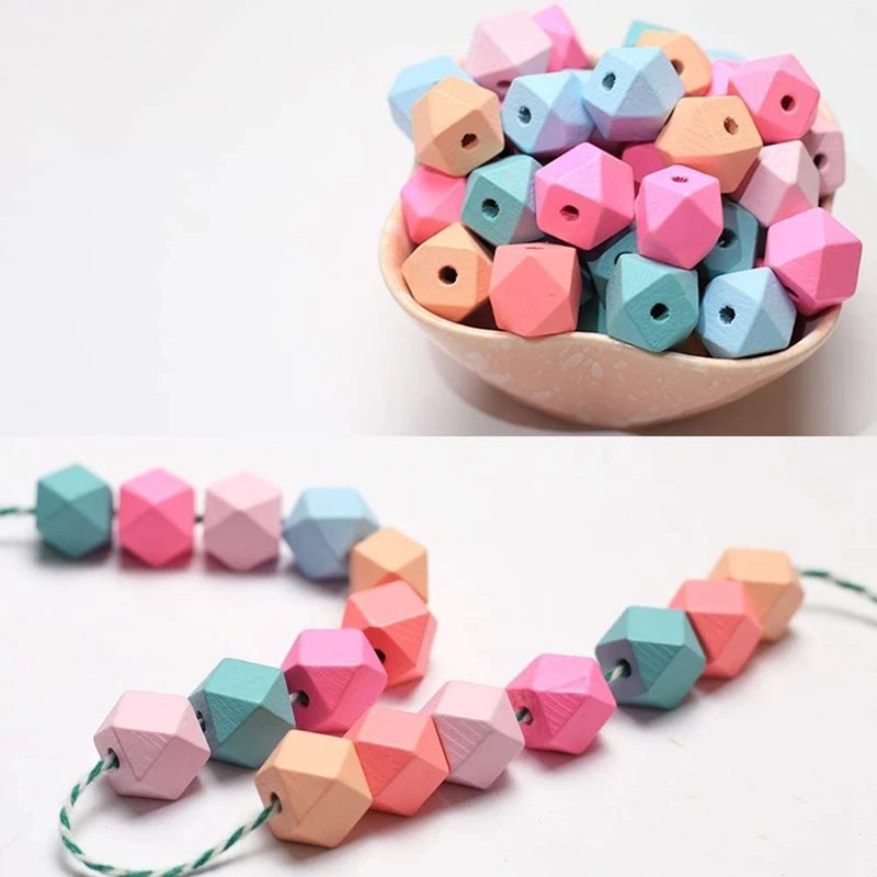 Geometric Faceted Wood Beads, Candy Colored Wooden Beads Bracelet Garlands Are Suitable For DIY Handwork And Jewelry