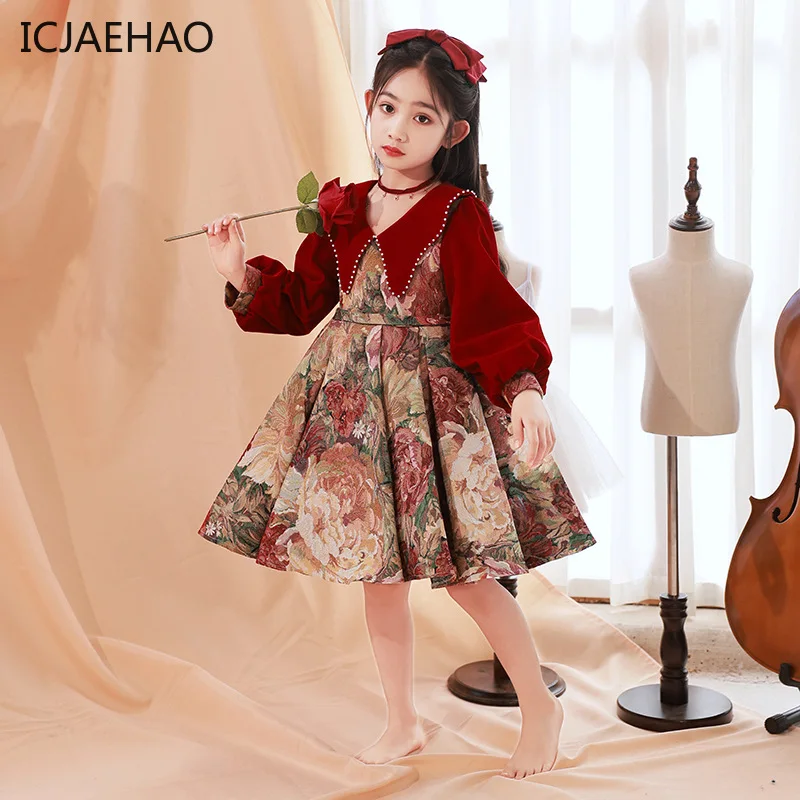 ICJAEHAO 2025 Baby Princess Vintage Ball Gown Tulle Children Puff Sleeve Kids Pearl Wedding Party Birthday Girls Dresses for Eid