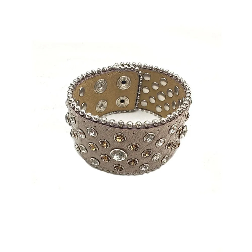 

Fashion Adjustable Rhinestone Bracelet Spicy Girl Alloy Pu Leather Bracelet Exquisite Wide Hip-Hop Bangle Party