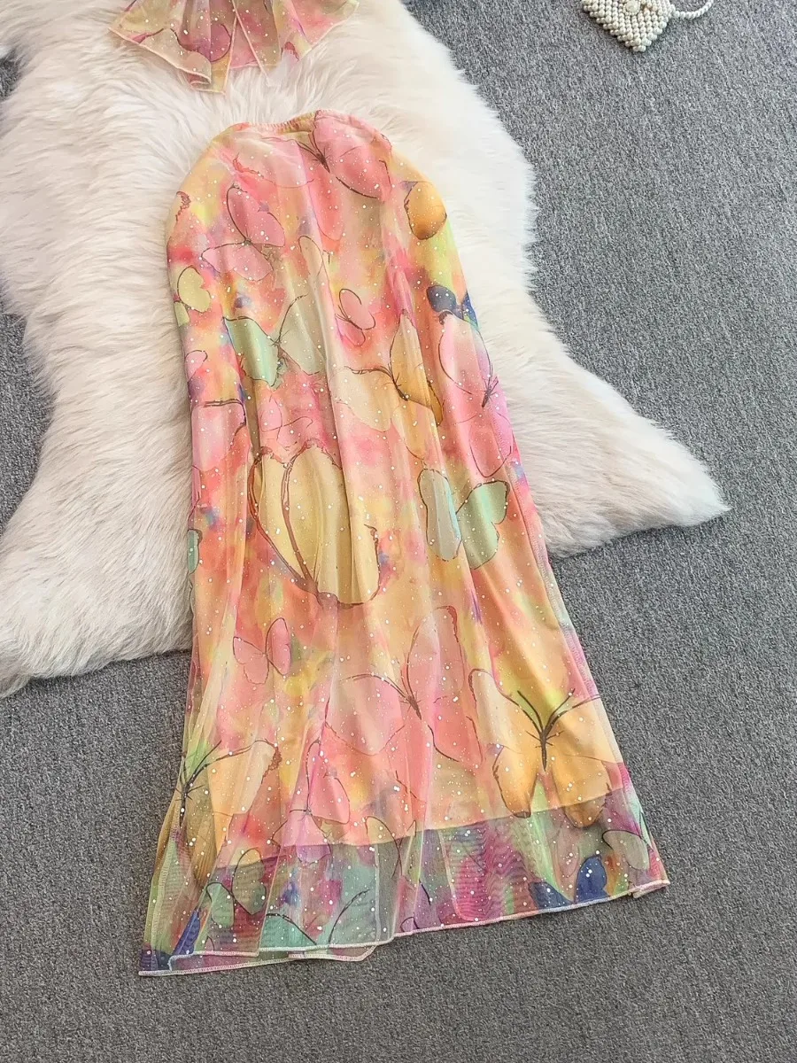 폼리나 니치 섹시 슬릿 홀터탑 & 플라워 프린트 스커트 세트 여성 휴가 신상 시크 메쉬 하이웨이스트 롱 스커트 홀리데이 세트