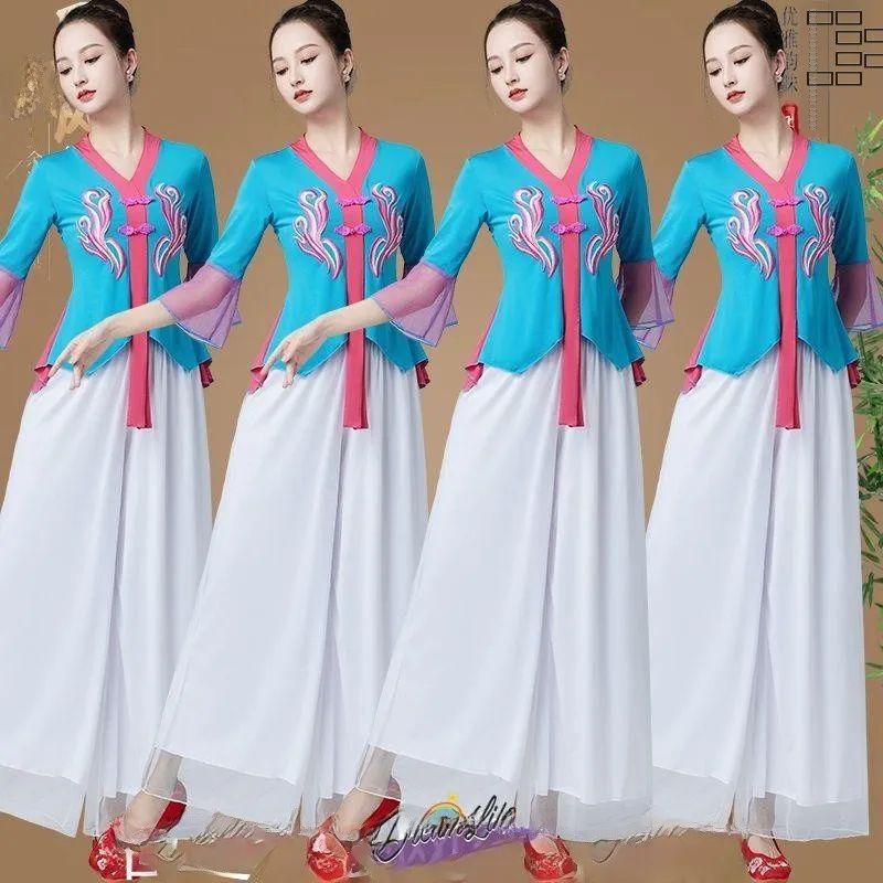 

Костюм для танцев на весну-лето-осень: вышитое сетчатое платье, расклешенный топ, женская танцевальная одежда, юбка «Туманное утро»