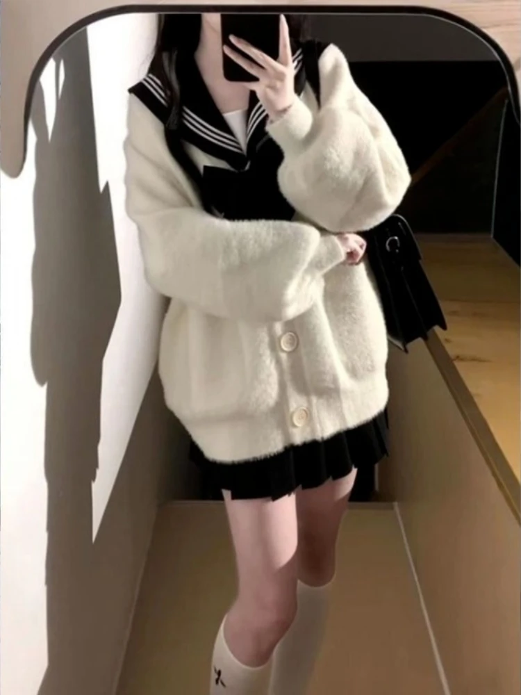 Japanese Kawaii Cardigan Coat Women Y2k Long Sleeve Sweaters Jackets Autumn Winter Loose Simple Women's Knitwear Sueter
