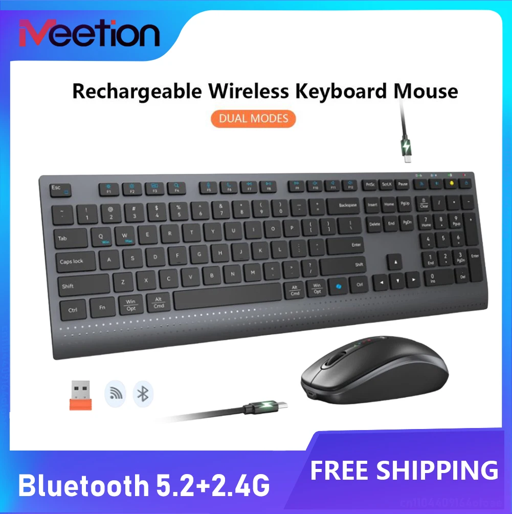 

Bluetooth Keyboard Mouse Combo 2.4G Dual-mode Full-Size Rechargeable Wireless Keyboard Mouse Set for Windows PC Gamer Office
