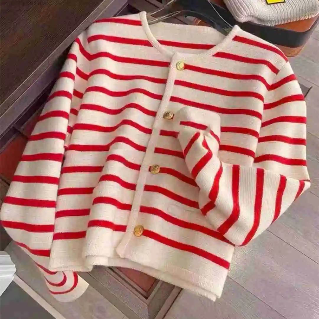 Striped Cotton Knitted Tops Women Autumn 2022 Soft Sweater Cardigan Loose Elegant Ladies Vintage Fashion Aesthetic Clothes Y2k