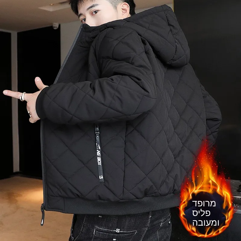 Thickened Fleece Cotton Jacket for Men Warm Winter Coat Youth Casual Standard Fit Zipper Closure Pure Color Hooded Coat