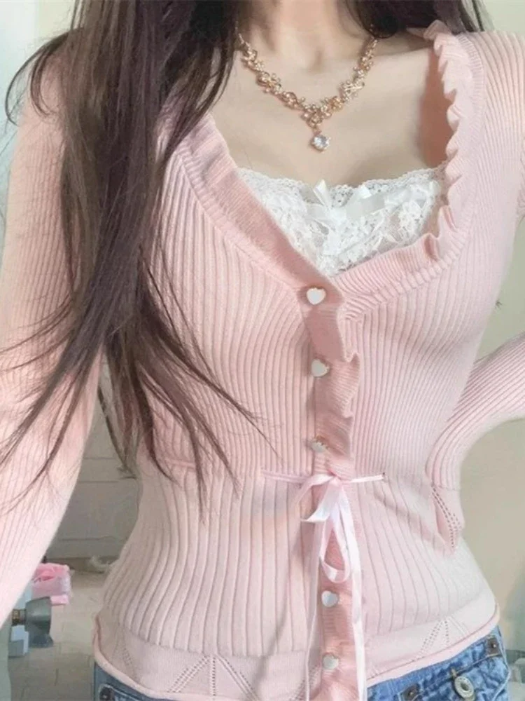 Coquette Sweet French Pink Women Cropped Ribbed Knit Cardigan Ruffle Trim Heart Button Bow Tie Waist Slim Fit Casual Daily Outfi