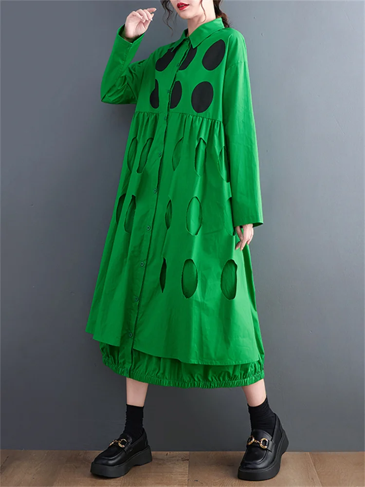 Oversized Autumn New Woman Hollow Out Polka Dot Print Shirt Dress 2023 Korea  Ladies Women Casual Loose Cotton Shirts Long Dress