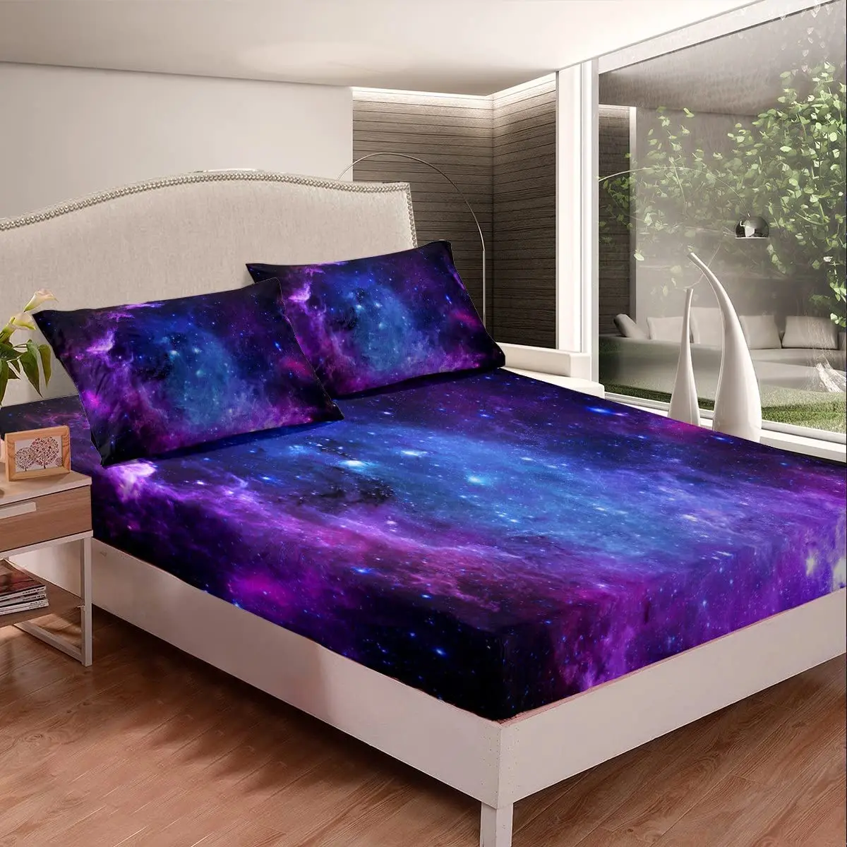 Juego de ropa de cama de galaxia púrpura, bajera sábana de cielo estrellado, diseño de estrellas del universo espacial, suave y transpirable,