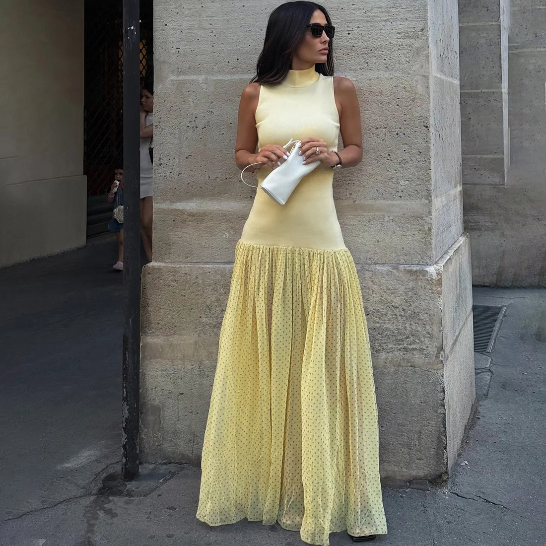 DSMTRC, vestidos transparentes de cintura alta con cuello alto para mujer, vestido largo de lunares, moda femenina de verano, bata ajustada elegante