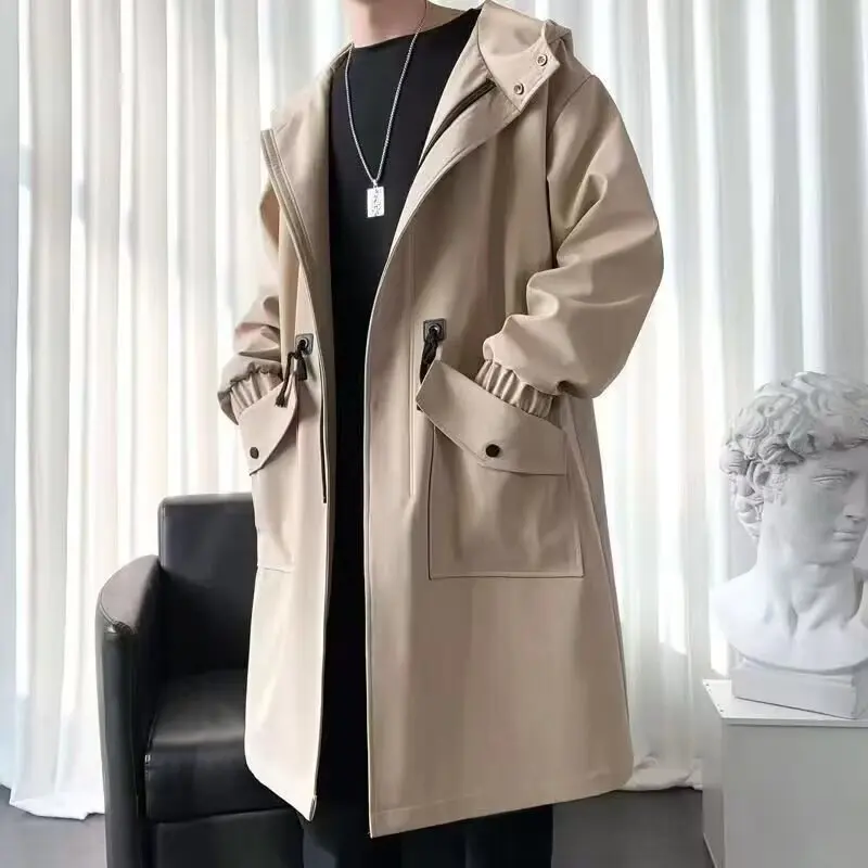 KIDWHXR Kapuzen-Windbreaker für Herren, Einfacher Einfarbiger Mittellanger Trenchcoat, Winddicht, Locker Geschnitten, Langarm, mit Taschen, Herren-Oberbekleidung – Detail 2