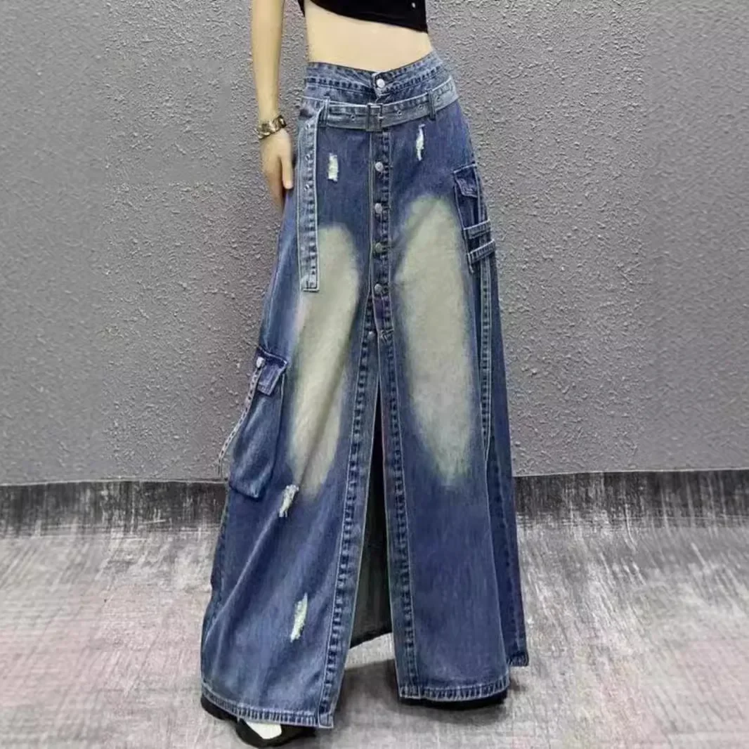 

Denim skirt female 2024 new autumn high-grade fashion temperament high waist slim split buckle design hole A-shaped skirt