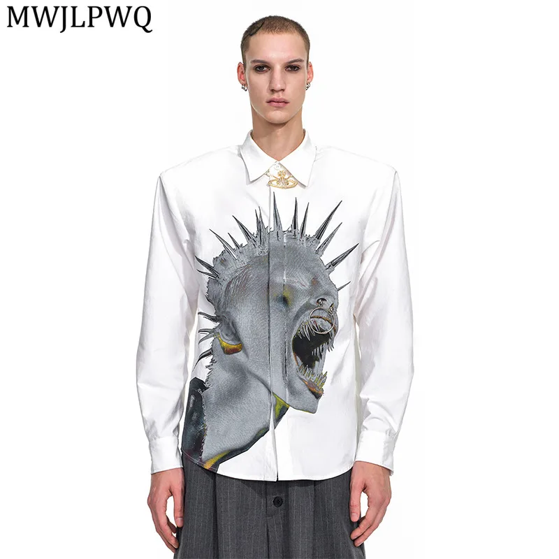 

MWJLPWQ Рубашка с принтом на плечах Мужская уличная рубашка с длинными рукавами и лацканами Ранняя осень Стильные облегающие черные повседневные топы 11757