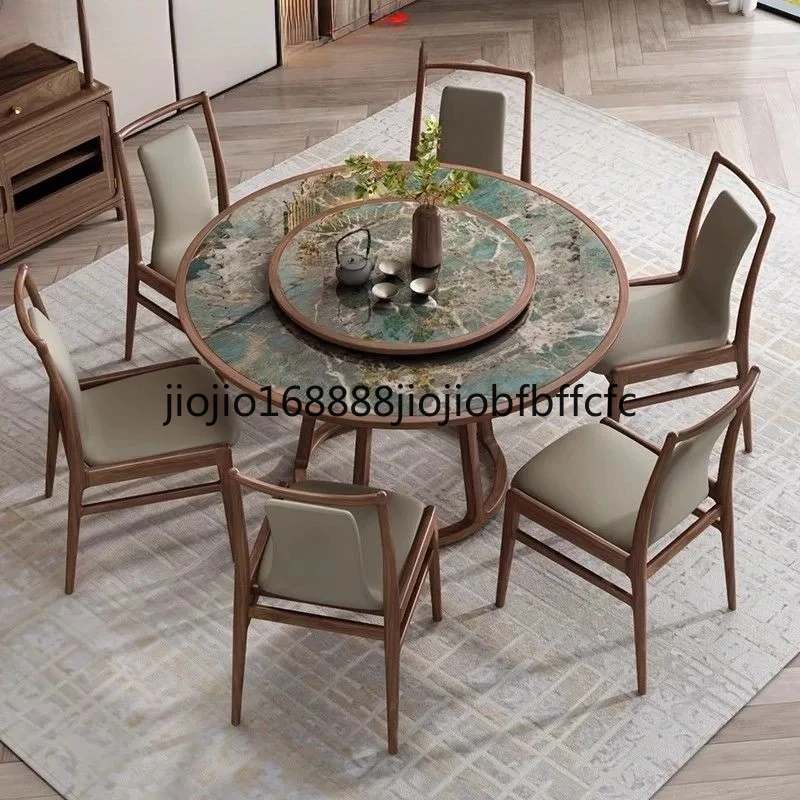 Suitable for  New Chinese black walnut modern home rock slab round dining table and chair combination round table