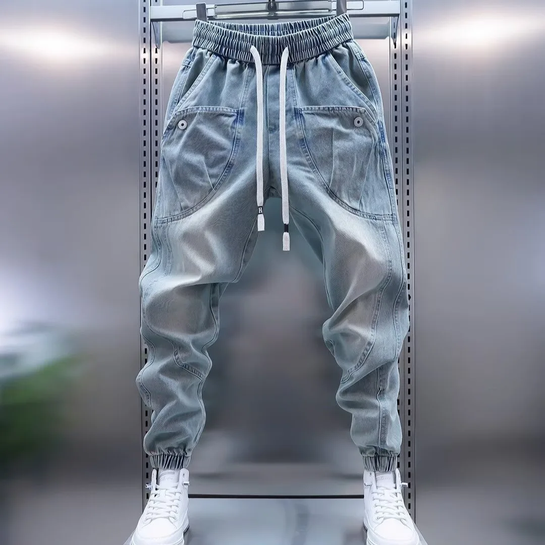 Street Elastic Jeans Men Denim Cargo Pants Wash Solid Color Casual Mid Waist Trousers Slim Fit Daily Wear Joggers 28-36