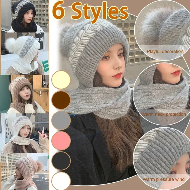 New Super Cute Warm Winter Scarf Hat Gloves with Fleece Thickened Ear Protection One-piece Knit Hat Are Windproof and Cold