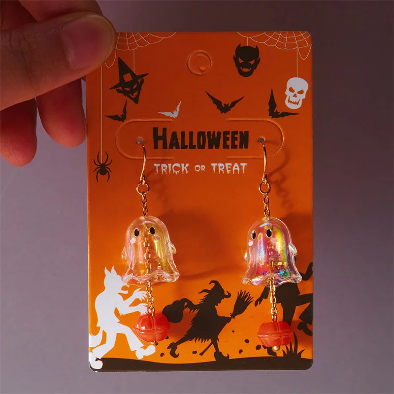Niedliche Halloween-Harz-Geister-Ohrstecker für Damen, modische Cartoon-Kürbis-Anhänger-Piercing-Ohrringe, Schmuckgeschenke – Detail 26