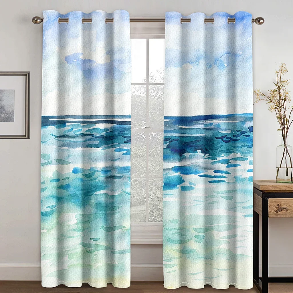 Watercolor Painting Natural Scenery Sea Water Blue Two Thin Window Curtains for Living Room Bedroom Decor 2 Pieces Free Shipping