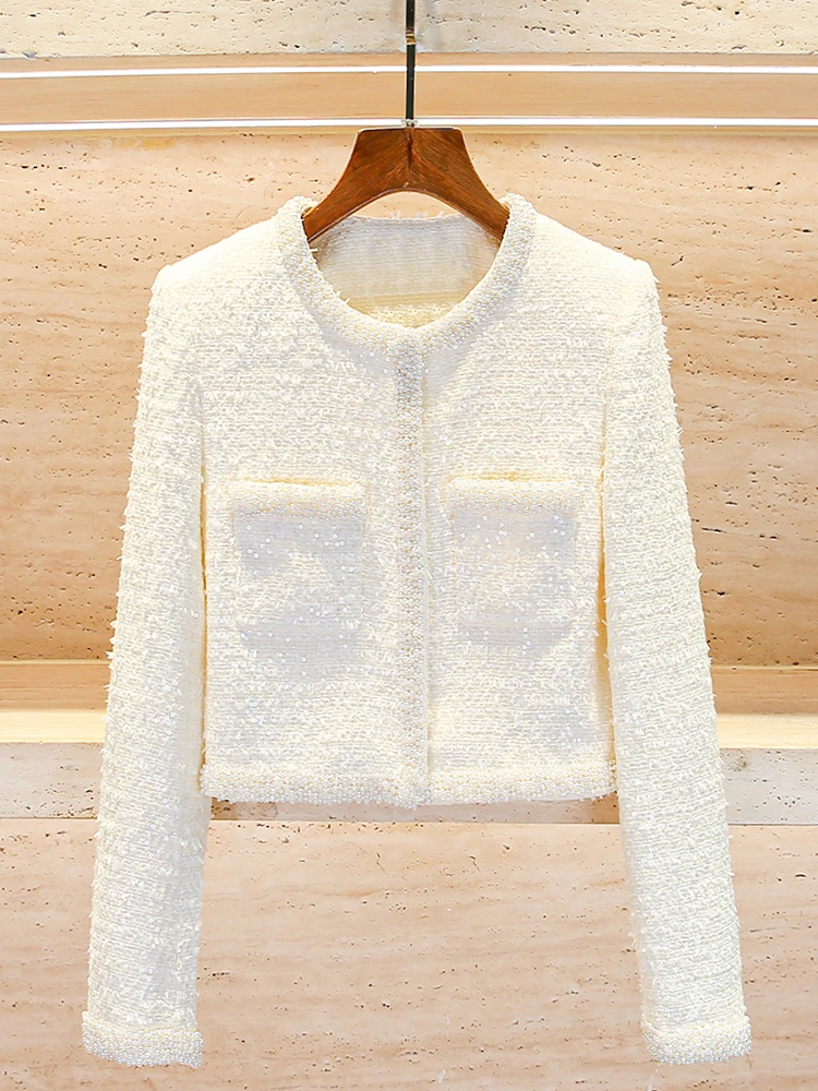 

Премиальный женский кардиган-пальто из твида с яркими пайетками, свободного кроя, удлиненный, для ранней весны, размер S, французский стиль...