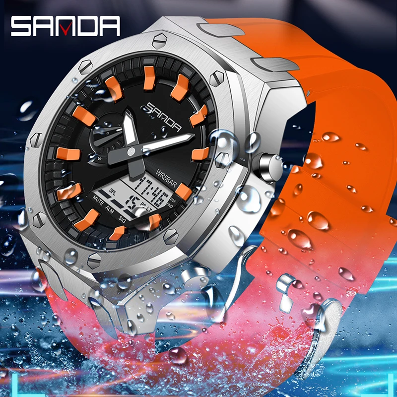 Sanda 3309 Nieuwe Heren Horloge Elektrische Multifunctionele Mode Trend Buiten Lichtgevende Wekker Waterdichte Schokbestendige Mannelijke Horloges