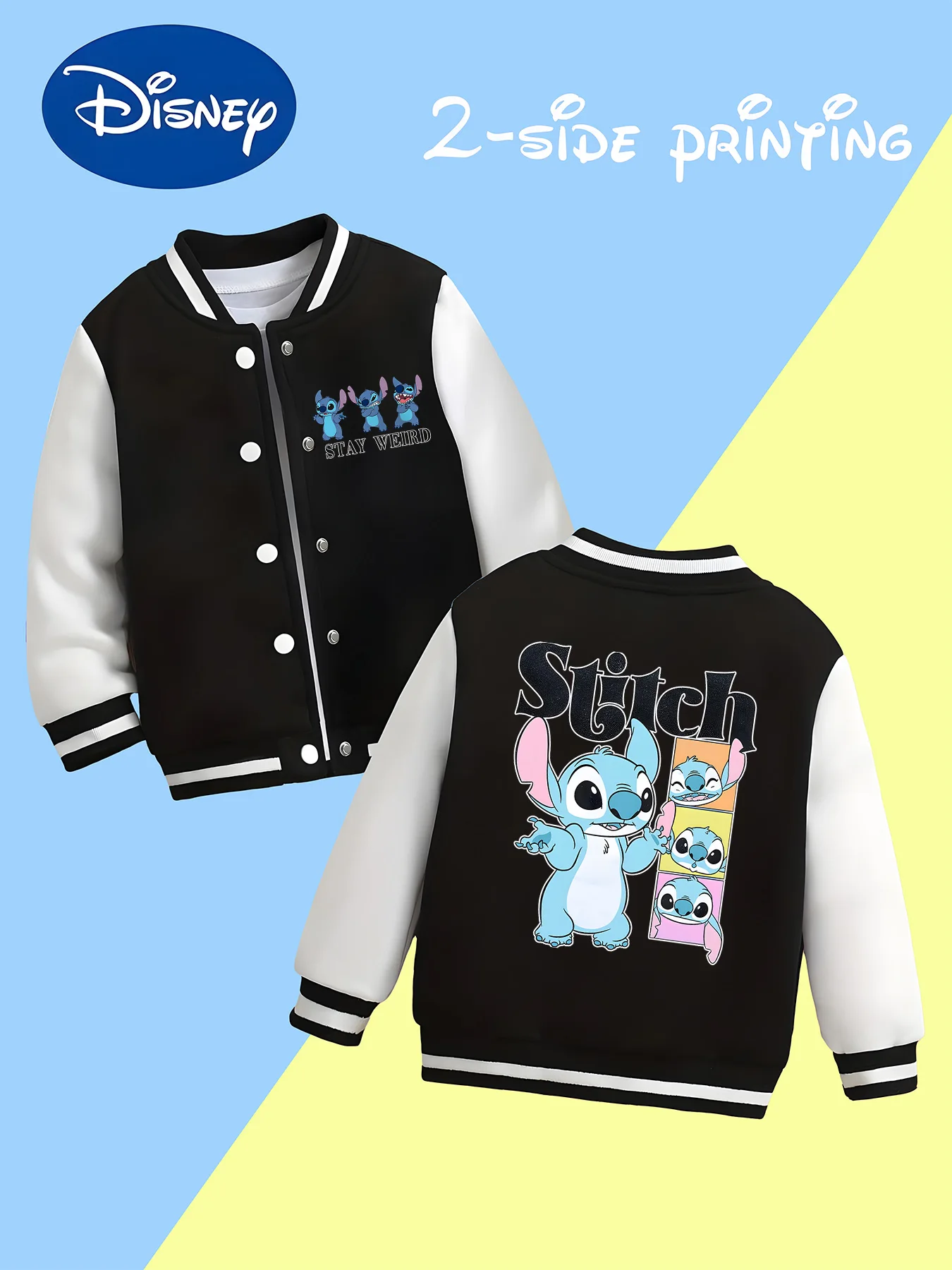 

MINISO Disney Boys' Baseball Jacket - Stitch's Funny Four-Piece Set, Double-Sided Pattern, Warm Fabric for a Relaxed School Look