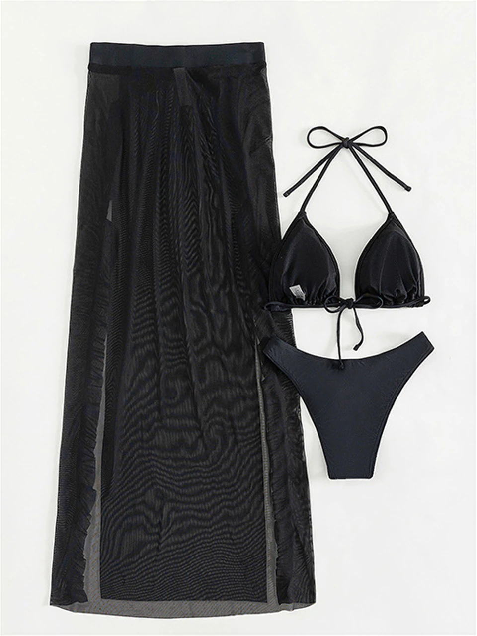 Sexy 3 Pieces Triangle Bikini 2025 Women Ruffle Swimsuit Female Black Swimwear With Cover Up Beachwear Summer Bathing Swim Suit