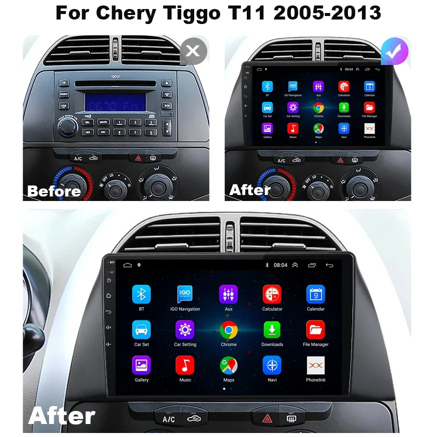 Leitor de vídeo multimídia para carro para Chery Tiggo T11 1 2005-2013, Android 13.0, GPS, WiFi, 2 Din, 8GB + 128GB, Auto Carplay, Rádio