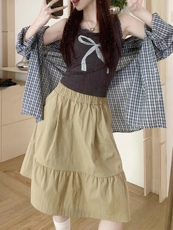 Kaki A-lijn rok Pure kleur ket Design College Sle Lente nieuwe collectie Casual studentenvriendelijke rok met hoge taille