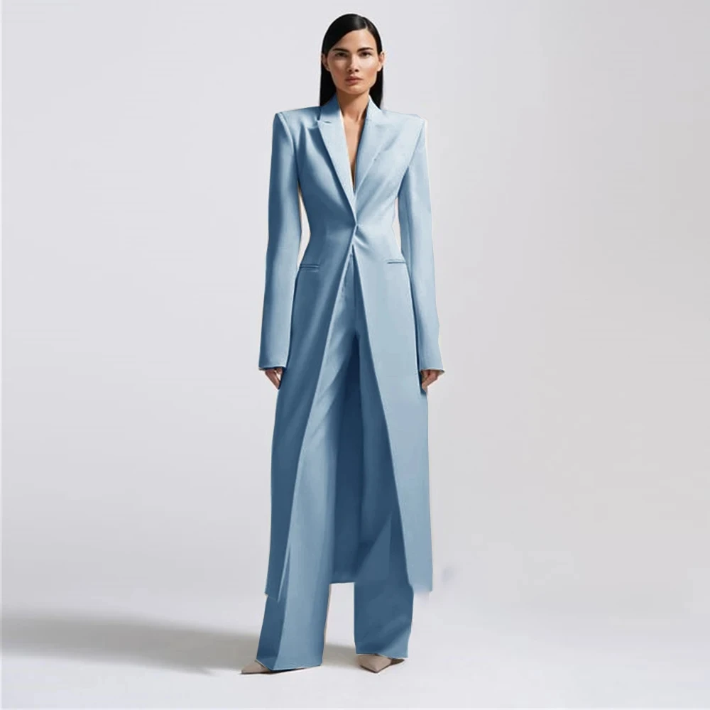 Fashion Beige Women\'s Blazer PantsSuit Peak Lapel Long Coat Wedding Formal Suits Office Lady Jacket Pant 2 Piece