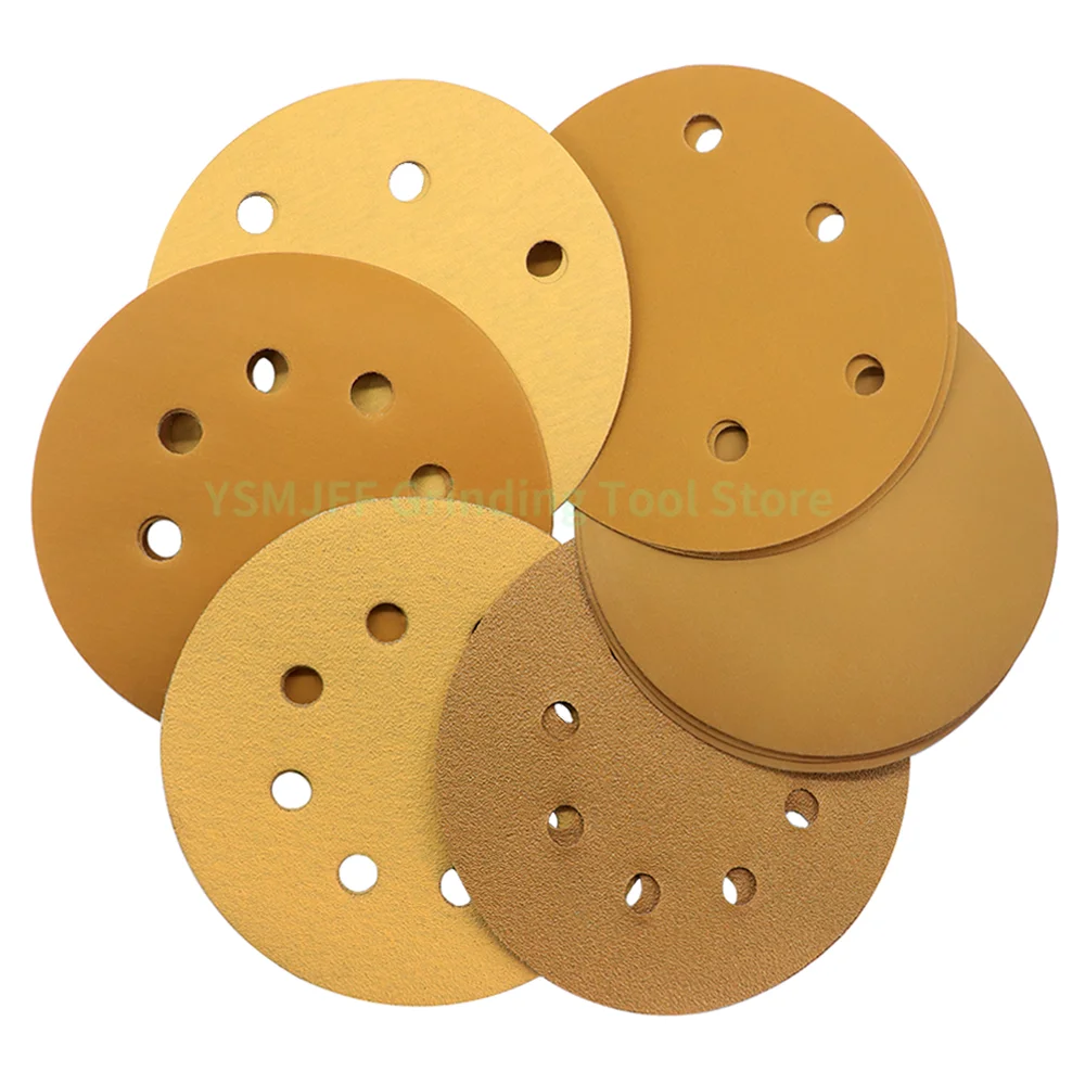 50PCS 5 Inch 8 Hole Gold Sanding Discs Hook and Loop Dustless Random Orbit Sandpaper 40-800 Grit for Automotive and Woodworking