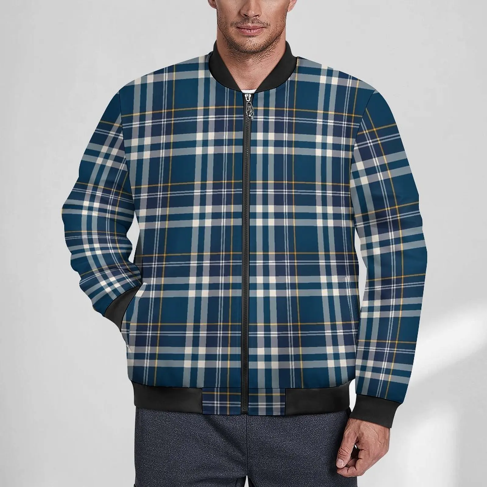 

White And Blue Plaid Casual Jackets Male Vintage Print Coats Autumn Retro Jacket Waterproof Outerwear Windbreakers Plus Size 6XL