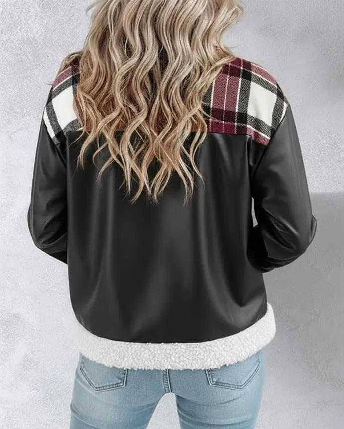 

Женская куртка, новая искусственная кожа, клетчатый принт, отложной воротник, термоподкладка, повседневное укороченное теплое пальто с отделкой из искусственной овчины и карманами