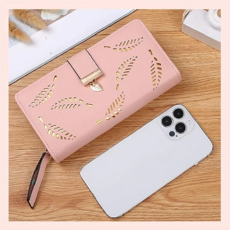 Leather Women Wallets Clutch Purse Female Long Wallet Gold Hollow Leaves Handbag Ladies Credit Card Holders Coin Purse Phone Bag