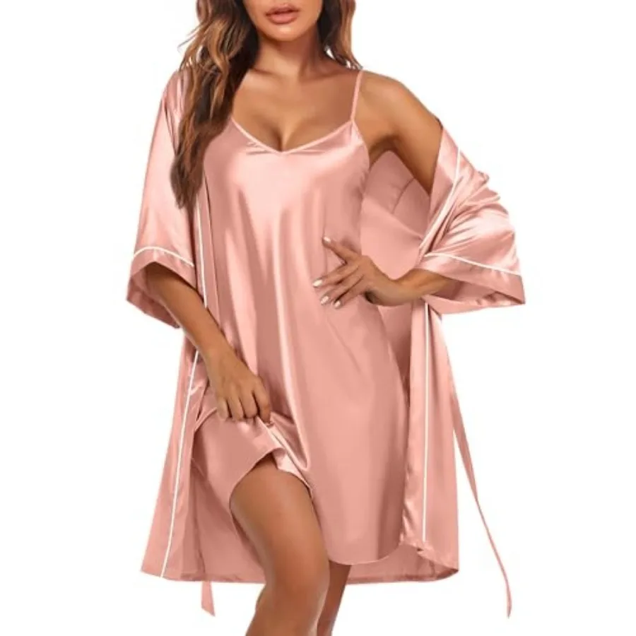 

Ekouaer Women's Silk Robe Set V Neck 2 Piece Satin Bathrobes 3/4 Sleeves Bridal Sleepwear Sexy Cami Nightgown