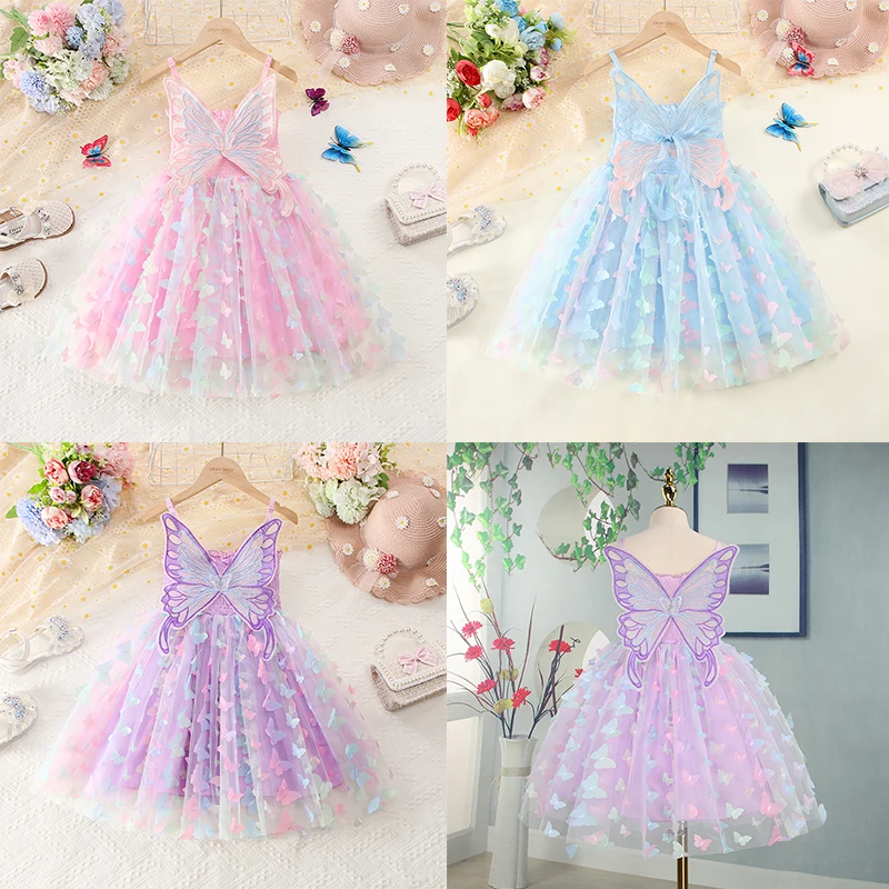 

Dreamy Gauze Dress With Butterfly Wing For Girls Sweet Princess Slip Dresses Summer Birthday Party Clothing Gift for Kids