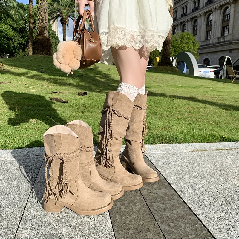 

High Quality Suede Cowhide Women Boots Fashion Designer Pleated Stack Boot Knee-high Knight Boots for Women Mid-calf Boots Botas