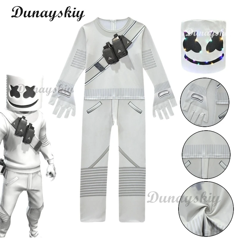 Fortnites dj marshmello cosplay traje de halloween com meninos meninas 842 macacão carnaval festa sílabas elétricas bodysuit