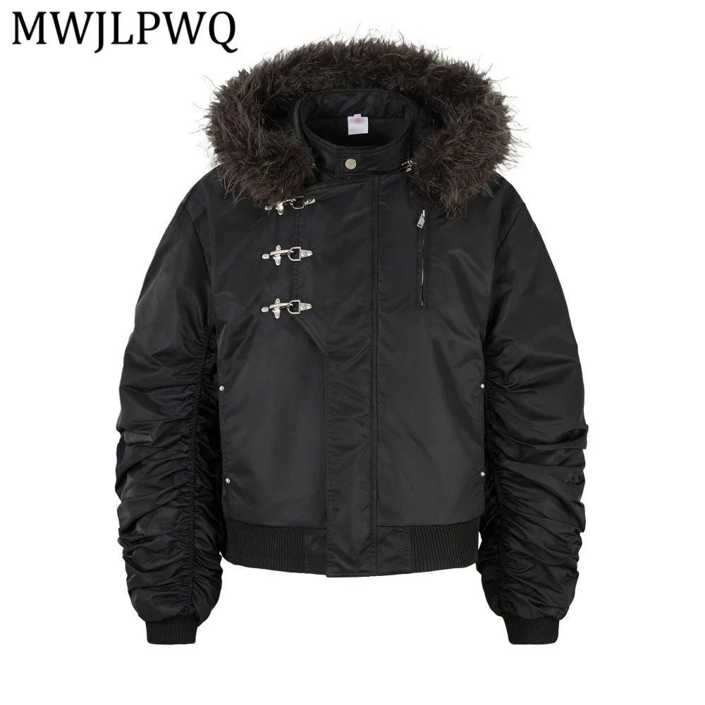 

Мужская зимняя куртка MWJLPWQ из хлопка с плиссированными рукавами, стильная, уличная, со съемным меховым воротником, капюшоном и металлическими элементами декора, трендовая модель 13647