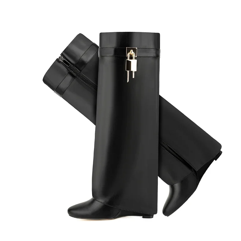 2023 New European and American Brand Wedge Heel Thick Bottom Skirt Boots Women\'s Fashion Side Zipper Knee Length Banquet Boots