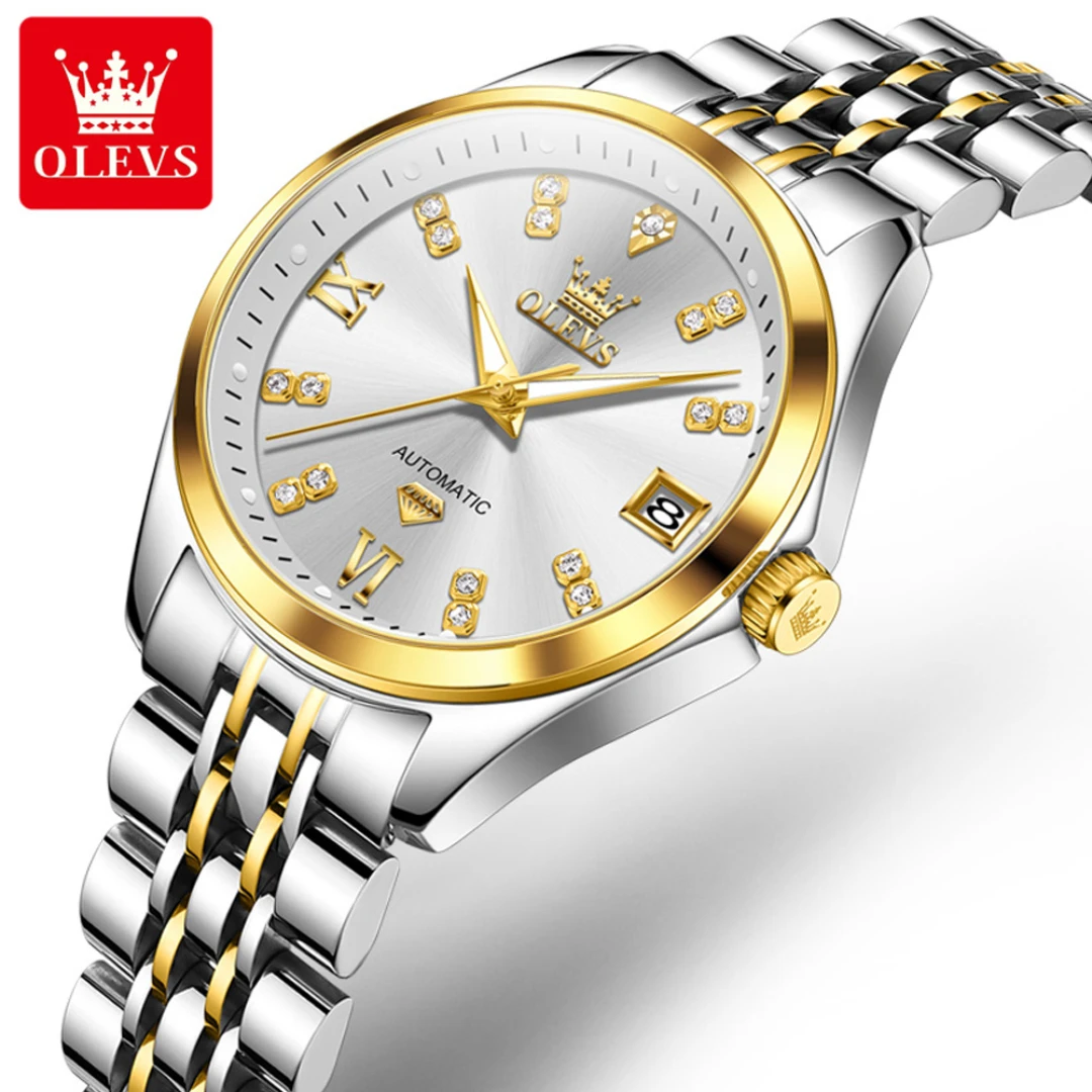 OLEVS 9801 Fashion Mechanical Watch Gift Stainless Steel Watchband Round-dial Wristwatch Calendar Luminous