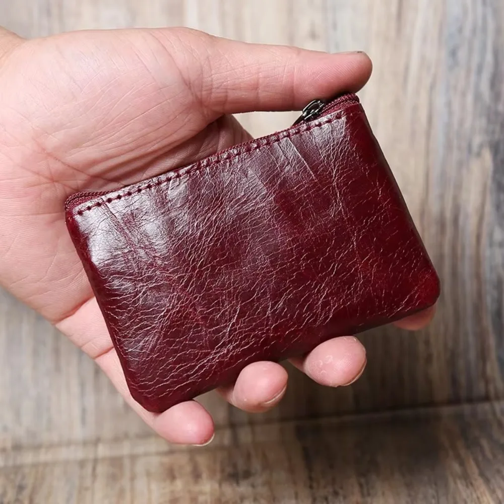 Retro Leather Mini Coin Purse Portable First Layer Cowhide Zipper Small Wallet Handmade Key Case Short Handbag