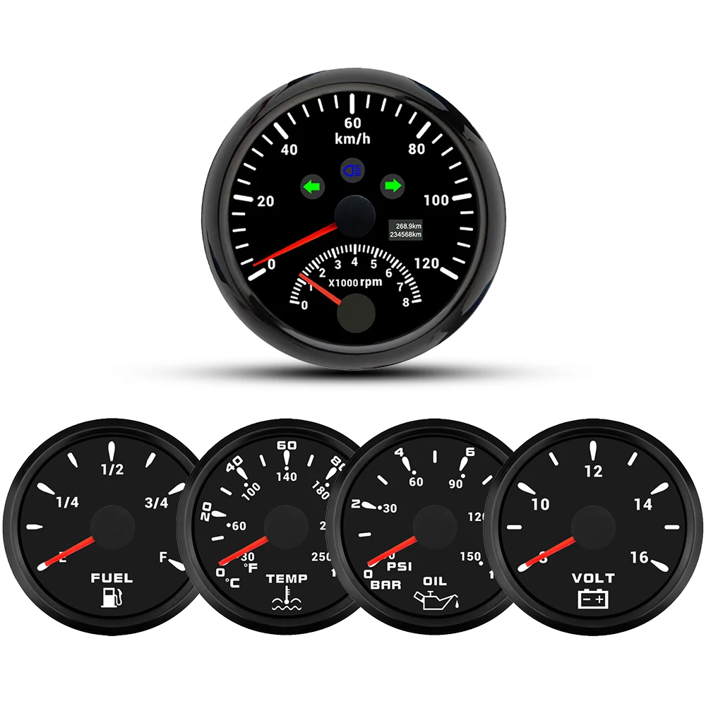 ELING Car 5 Gauge Set 85mm GPS Speedometer 0-200km/h with Tachometer + 52mm Water Temp Oil Pressure Fuel Level 8-16V Voltmeter