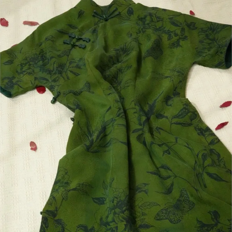 

Высокое качество | Новое улучшенное женское платье Cheongsam в китайском стиле темно-зеленого цвета с принтом