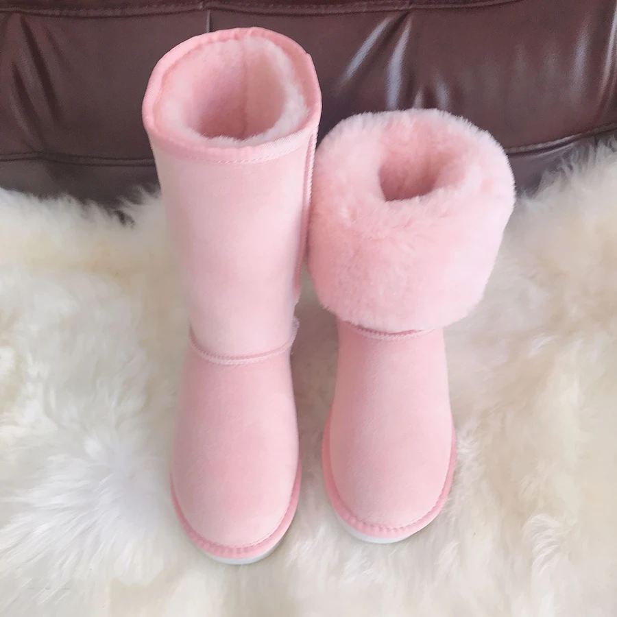 G&Zaco Luxury Winter Knee High Sheepskin Snow Boots Natural Wool Sheep Fur Boots Women Long Classic Leather Wool Boots