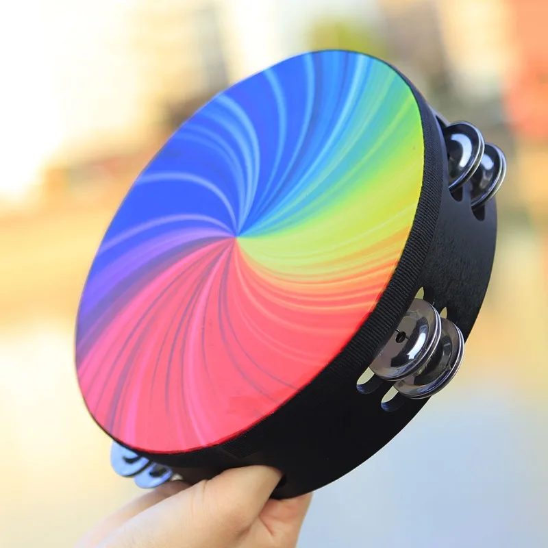 Wooden Tambourine 8 10 Inch Colorful Double Row Hand Cranked Drum Children Playing Hand Drum Orff Jingles Bell Music Percussion