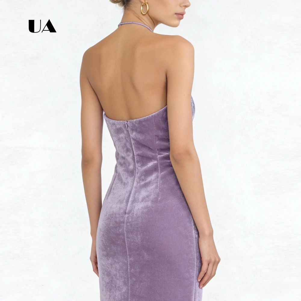 ULBYANRY Velvet Sheath Halter Prom Dress with Gold Beads, Solid Foldover Ruched Evening Dress, Simple Slit Customized Party Gown