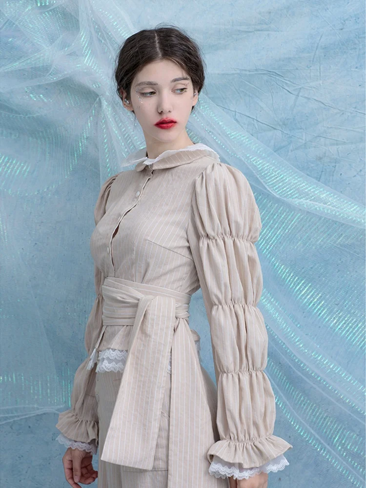 

Retro Lace Trimmed Stripe Pattern Court Collar Shirt Jacket by Independent ODD PSYCHE Original Design Slim Fit Long ...